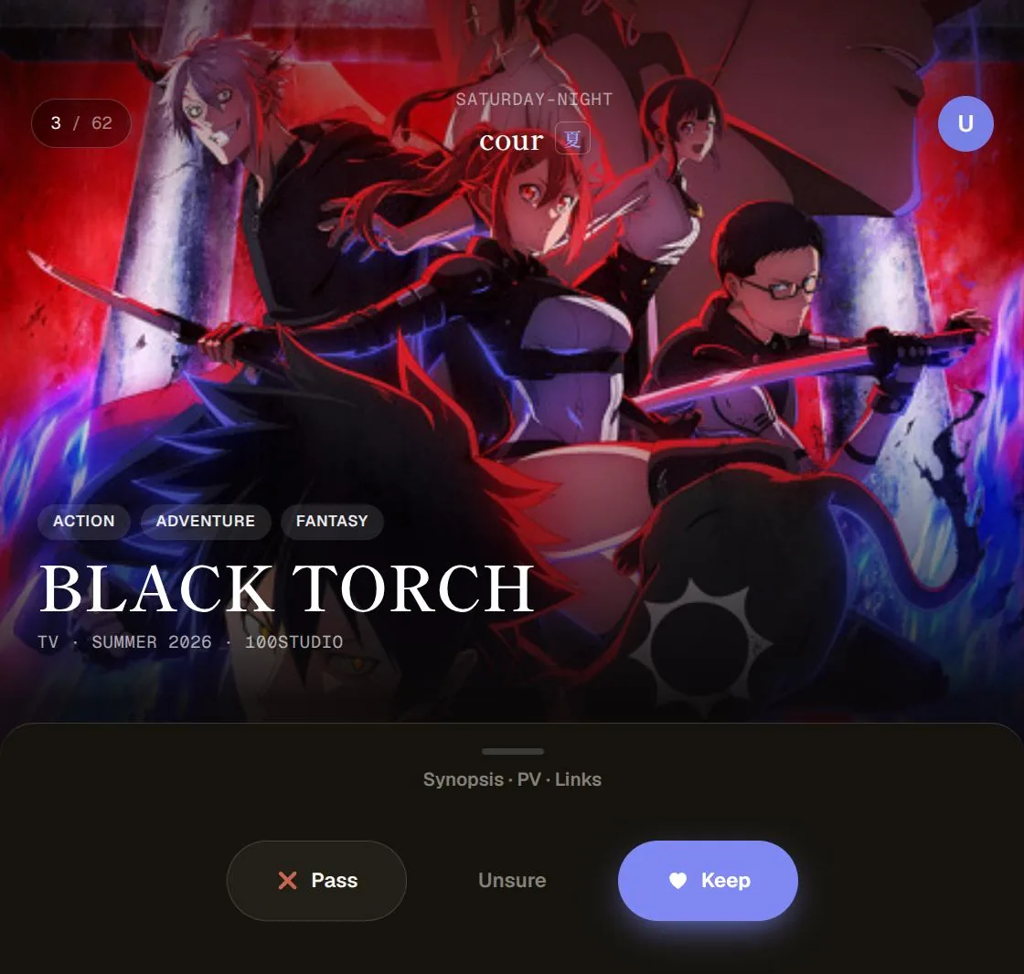 A single anime title filling the frame with its cover art, genre tags, and a row of Pass, Unsure and Keep buttons