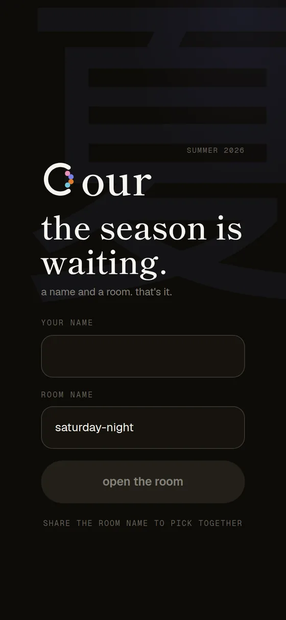 Phone join screen with a room name and display name under the cour wordmark