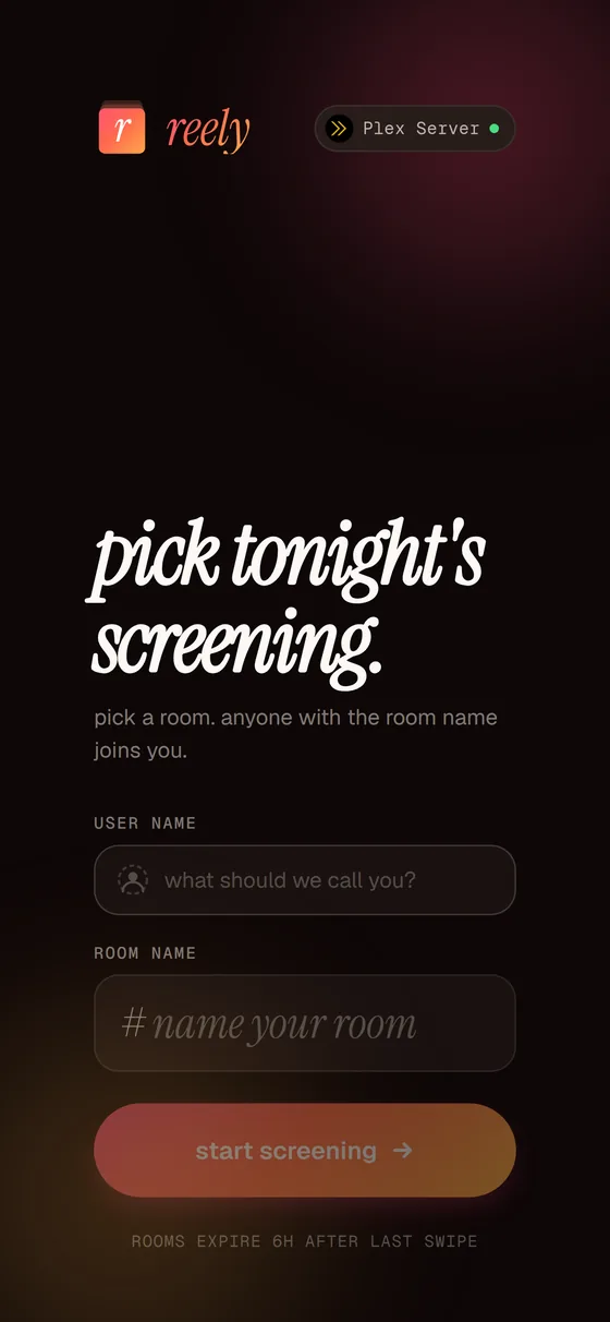 Phone join screen with two fields, a display name and a room name, under the reely wordmark
