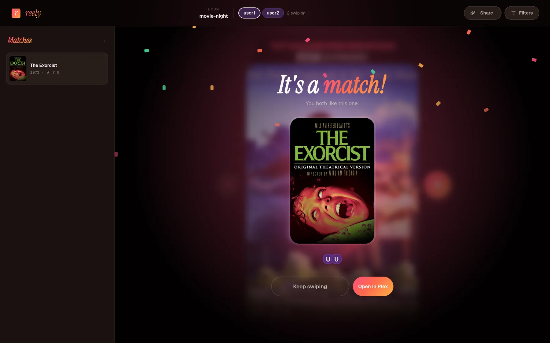 A full-screen celebration reading It's a match over confetti, the matched poster centred above Keep swiping and Open in Plex buttons