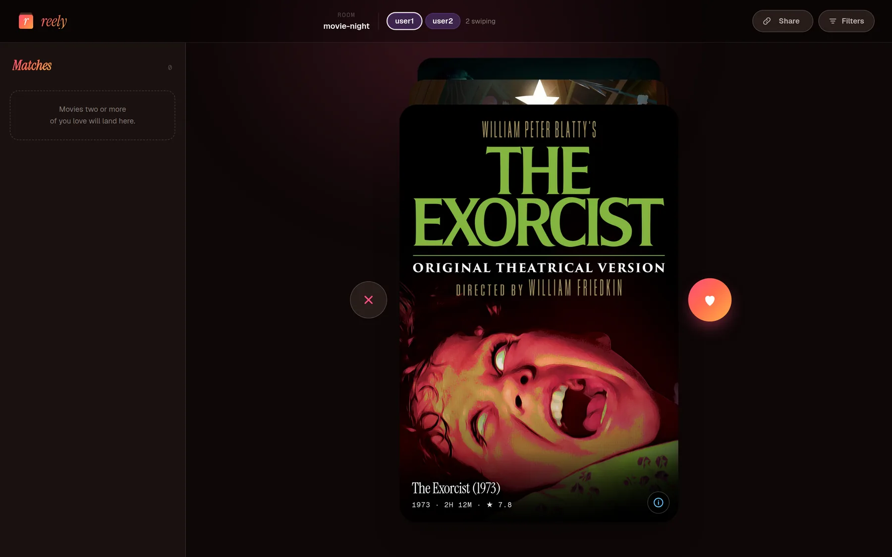Two-pane desktop layout: an empty match sidebar on the left, a movie poster card centred with circular pass and like buttons either side